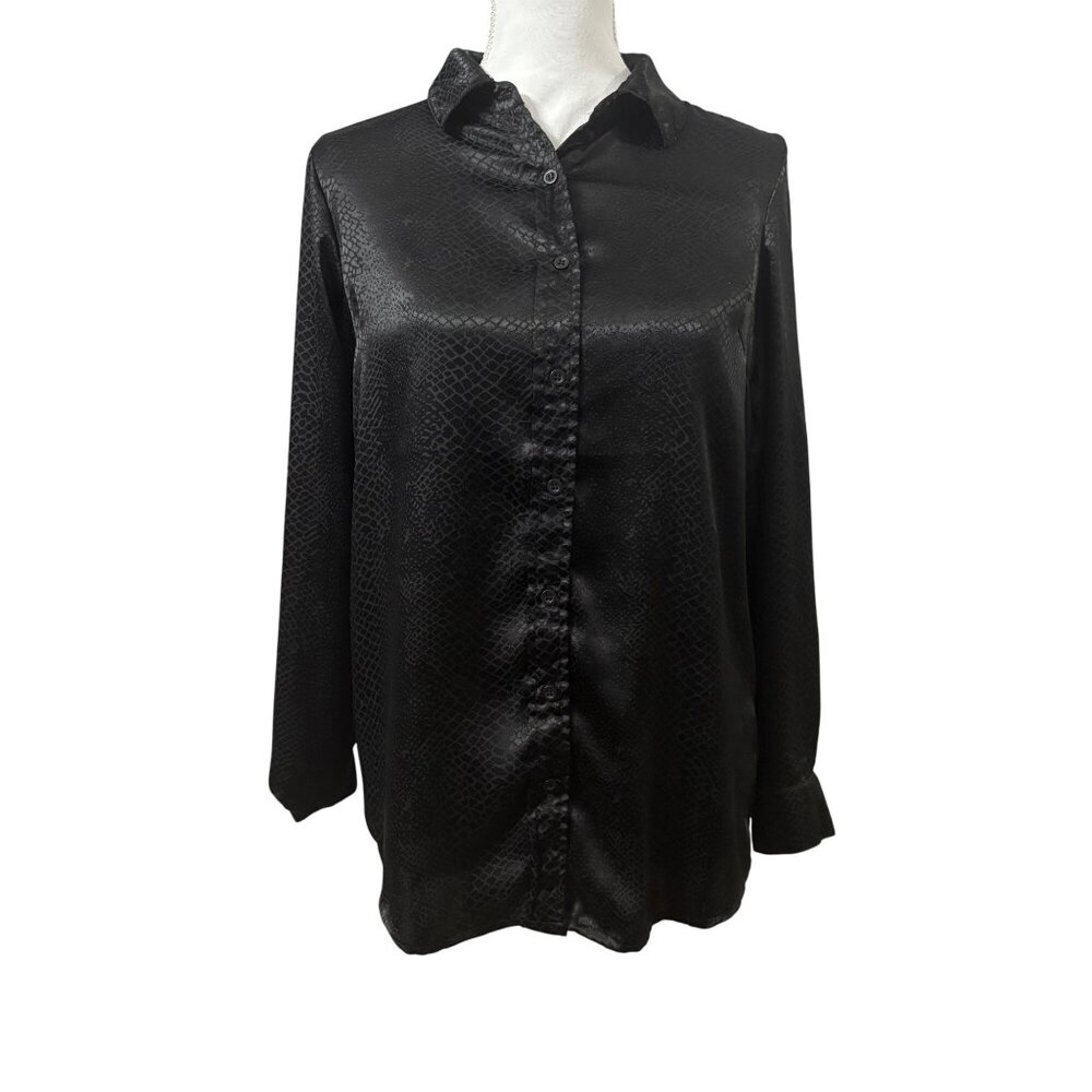 Black Button-Up Long Sleeve Blouse With Subtle Textured Pattern Womens Medium